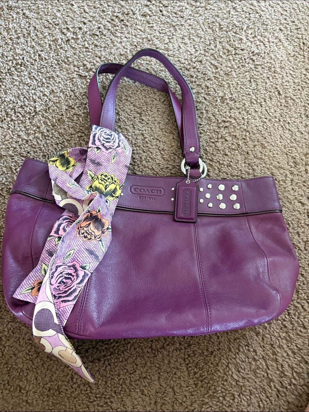 Coach Plum Leather Shoulder Tote with Floral Scarf Accent